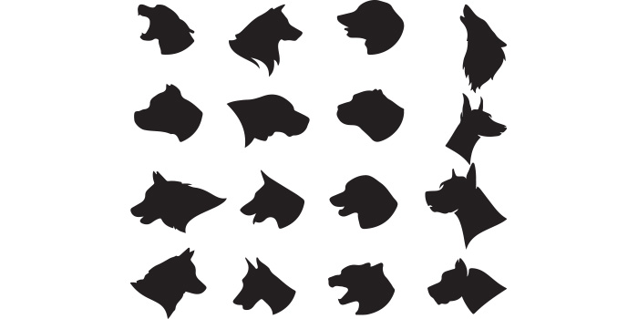 Set of silhouettes of dogs'heads.