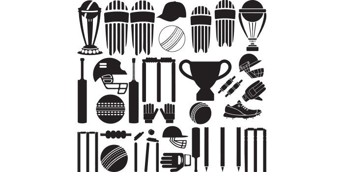 Set of amazing vector images of cricket equipment silhouettes