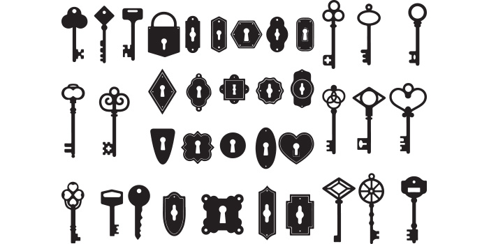 A selection of charming silhouette images of door locks and keys