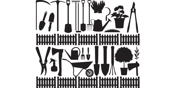 A set of beautiful images of silhouettes of garden tools