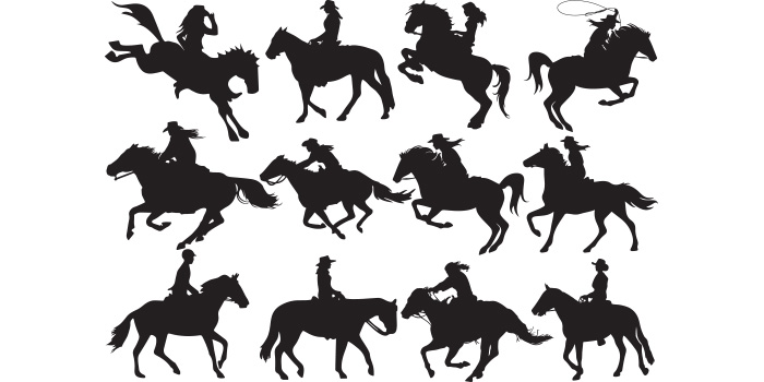 Collection of enchanting vector image of cowgirl silhouettes on a horse