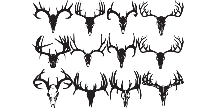 Bunch of deer's heads are shown in black on a white background.