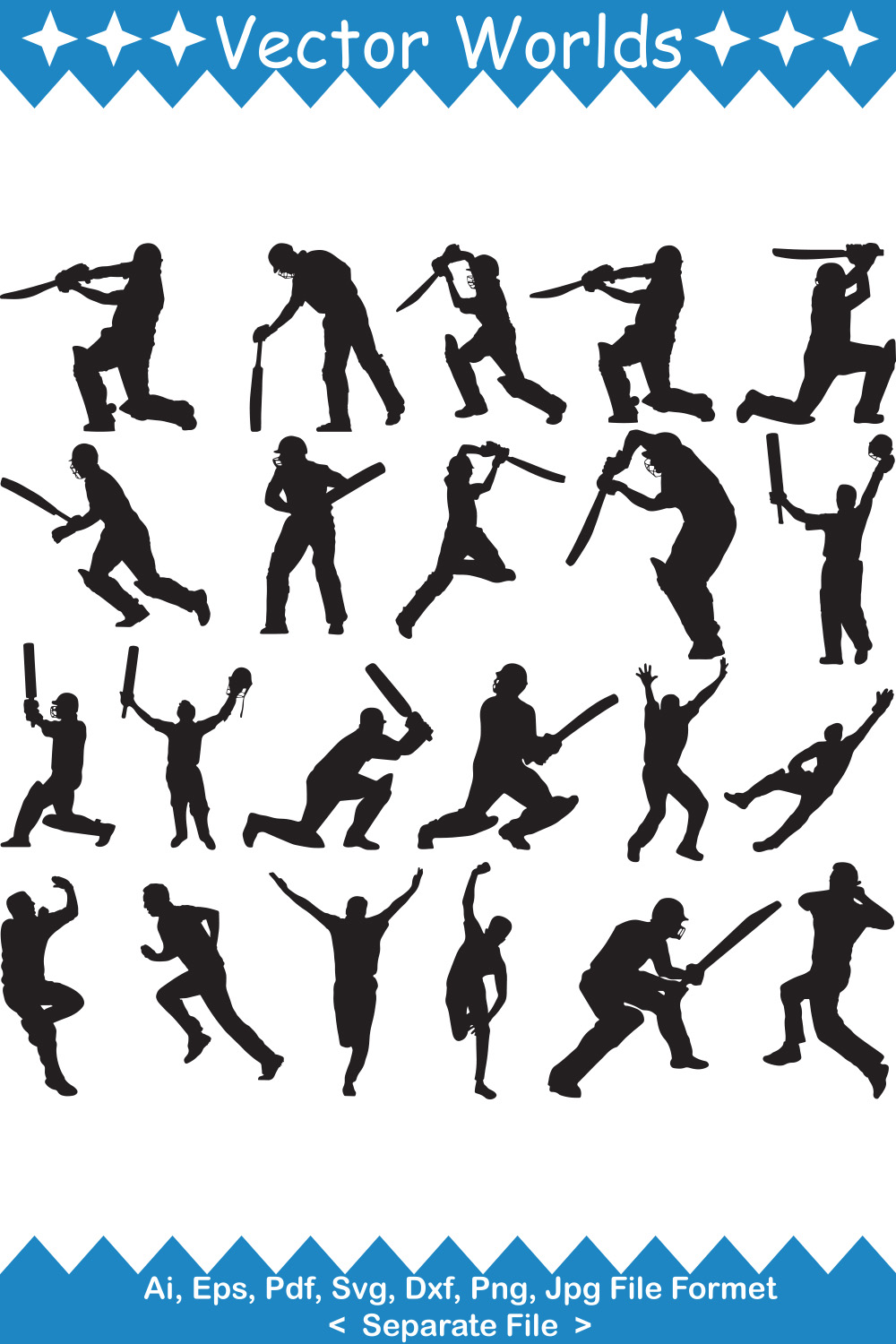 Collection of enchanting vector image of silhouettes of cricket players