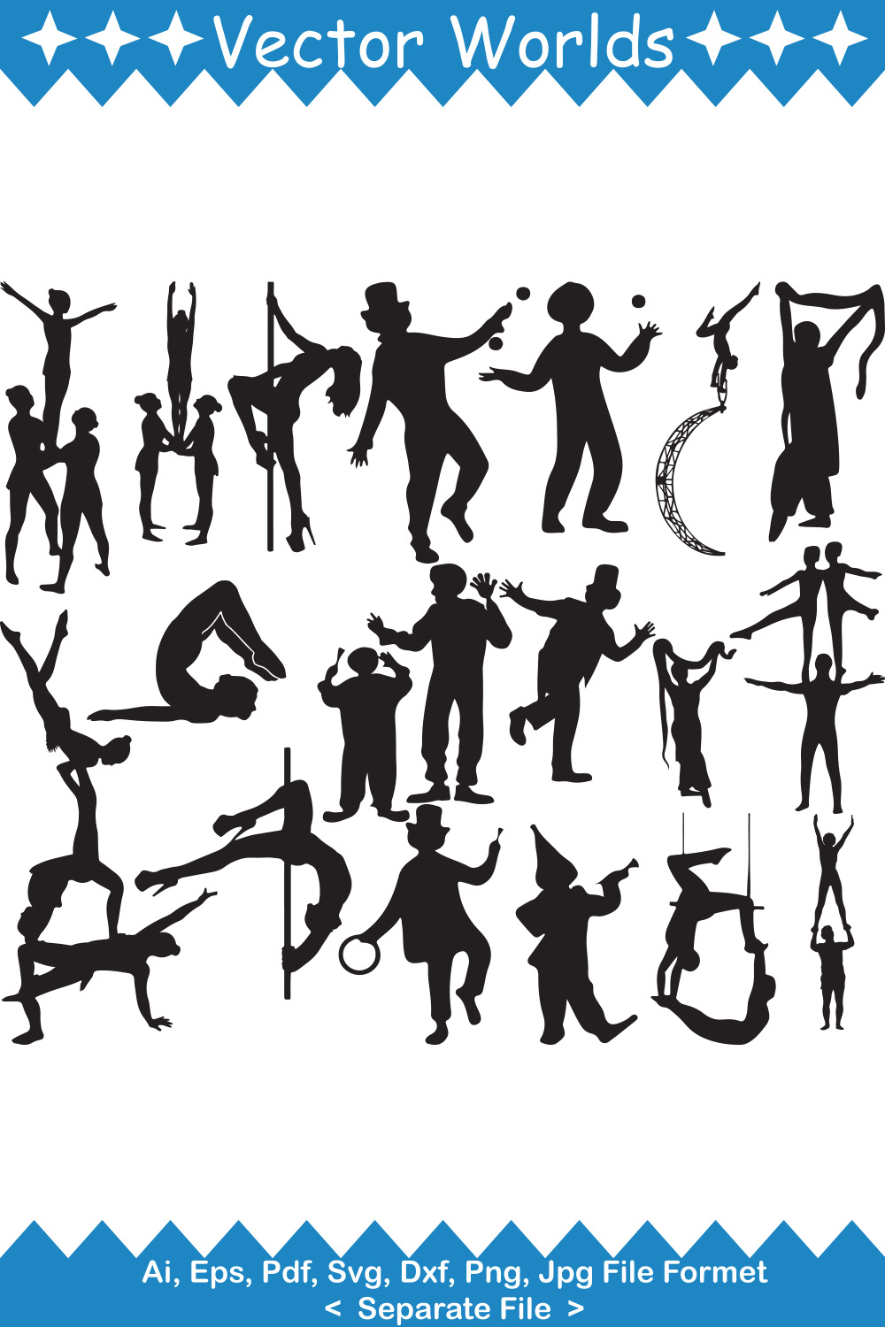 A selection of unique vector images of the silhouette of circus people.