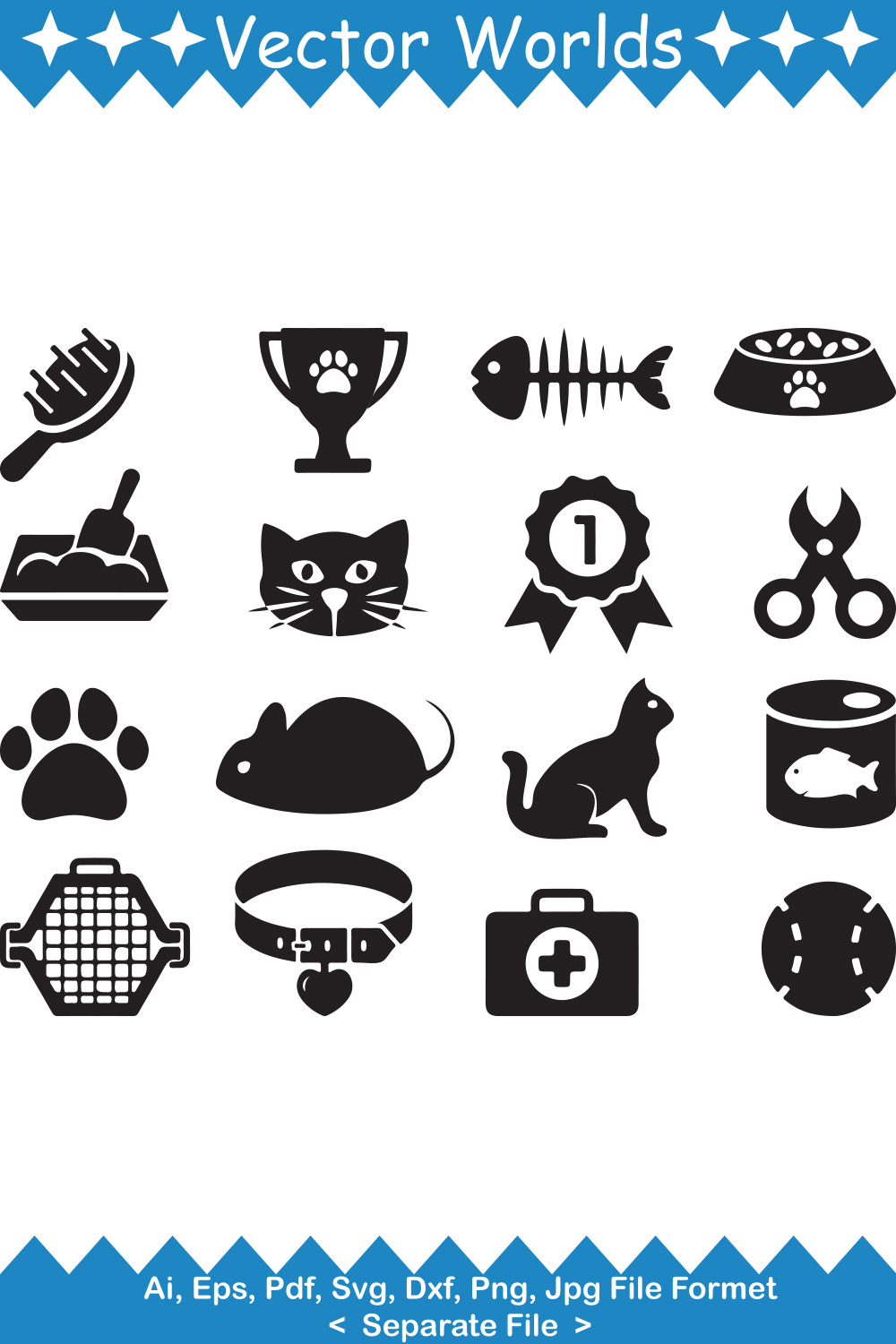 Set of black and white icons for a pet shop.