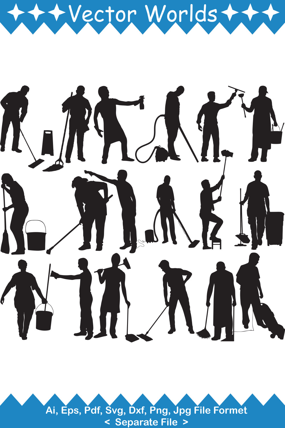 A selection of unique vector image silhouettes of cleaning man.