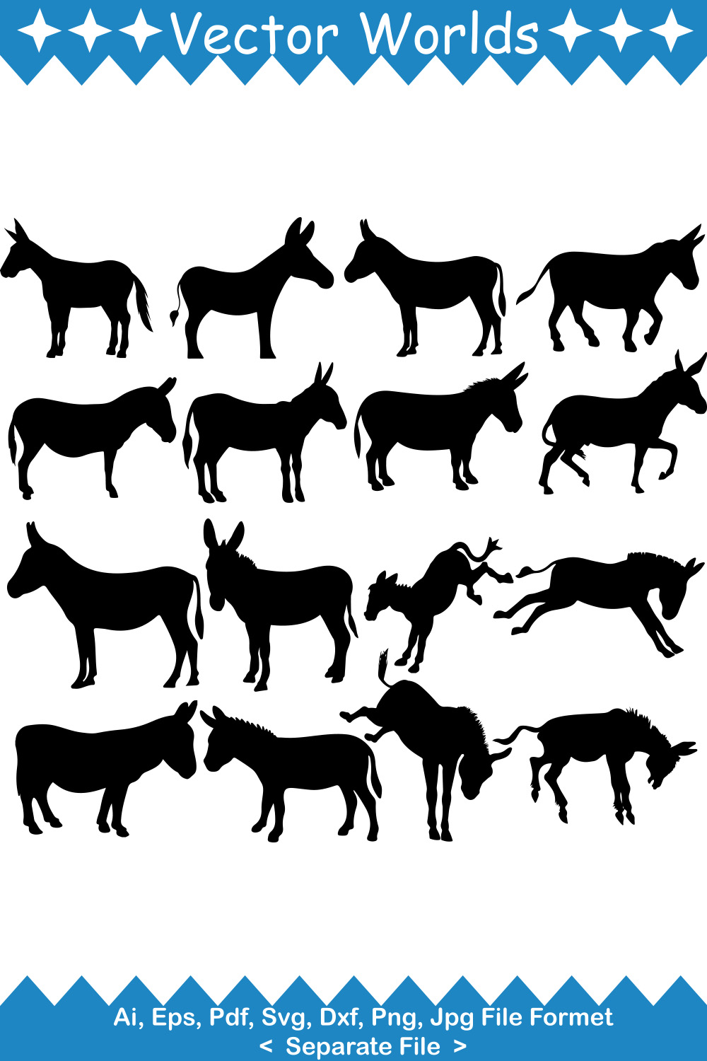 Set of black silhouettes of farm animals.