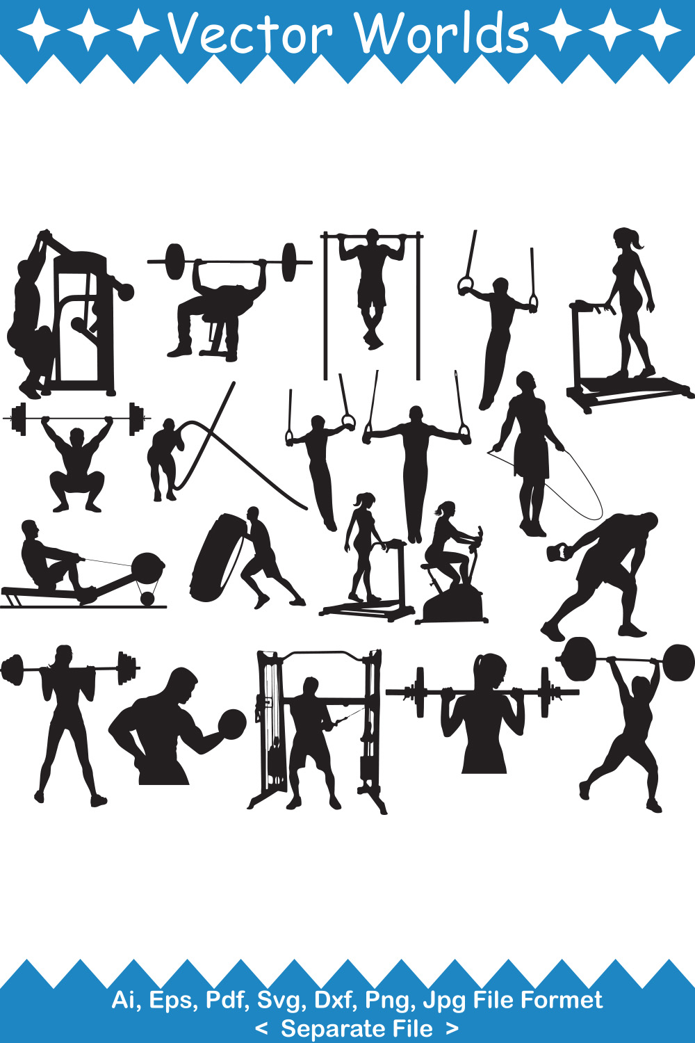 Set of unique images of silhouettes of people doing crossfit