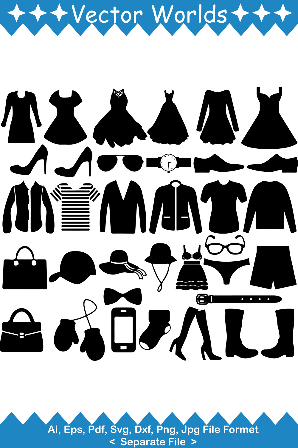 A selection of unique vector image silhouettes of clothes