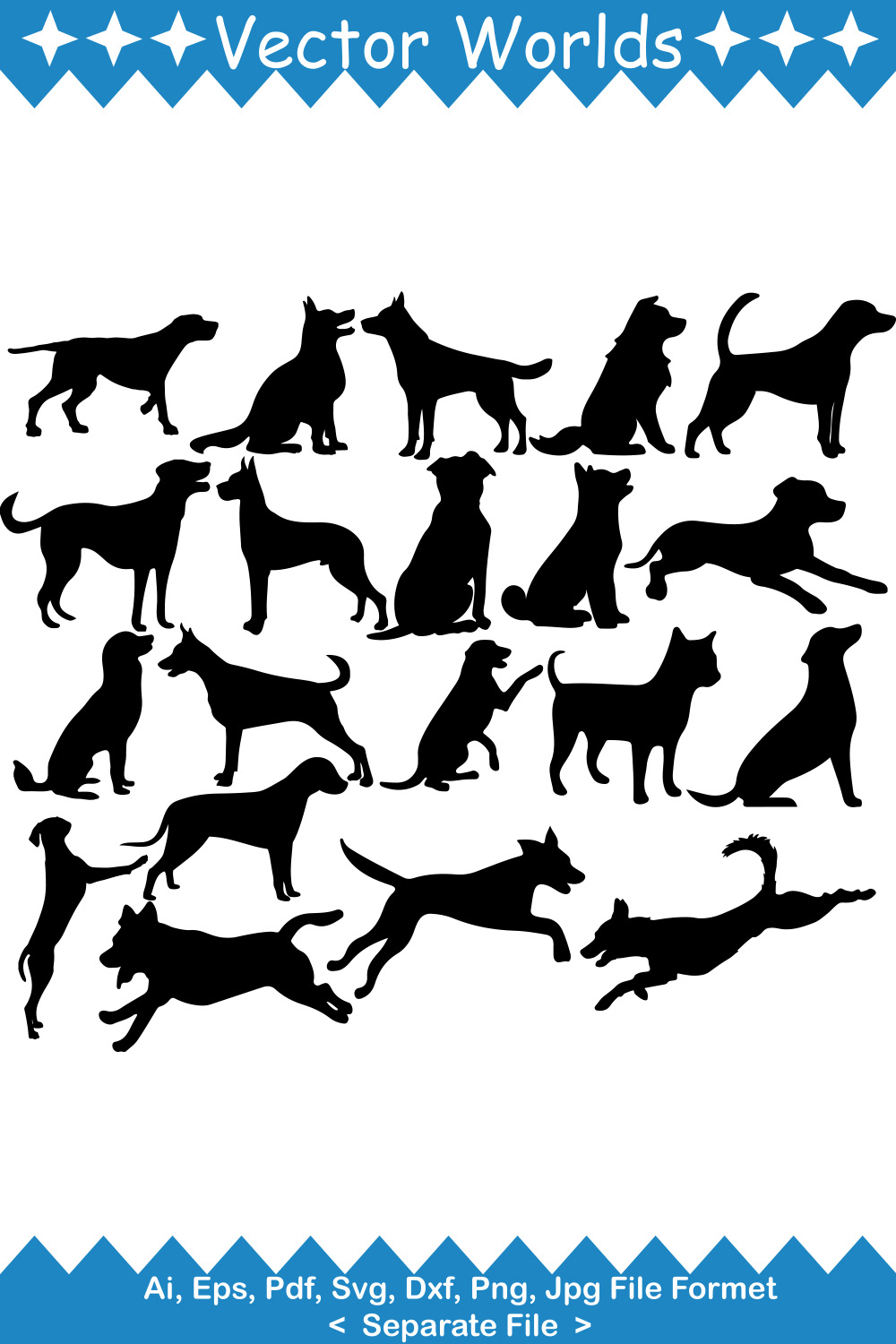 Large set of dog silhouettes on a white background.
