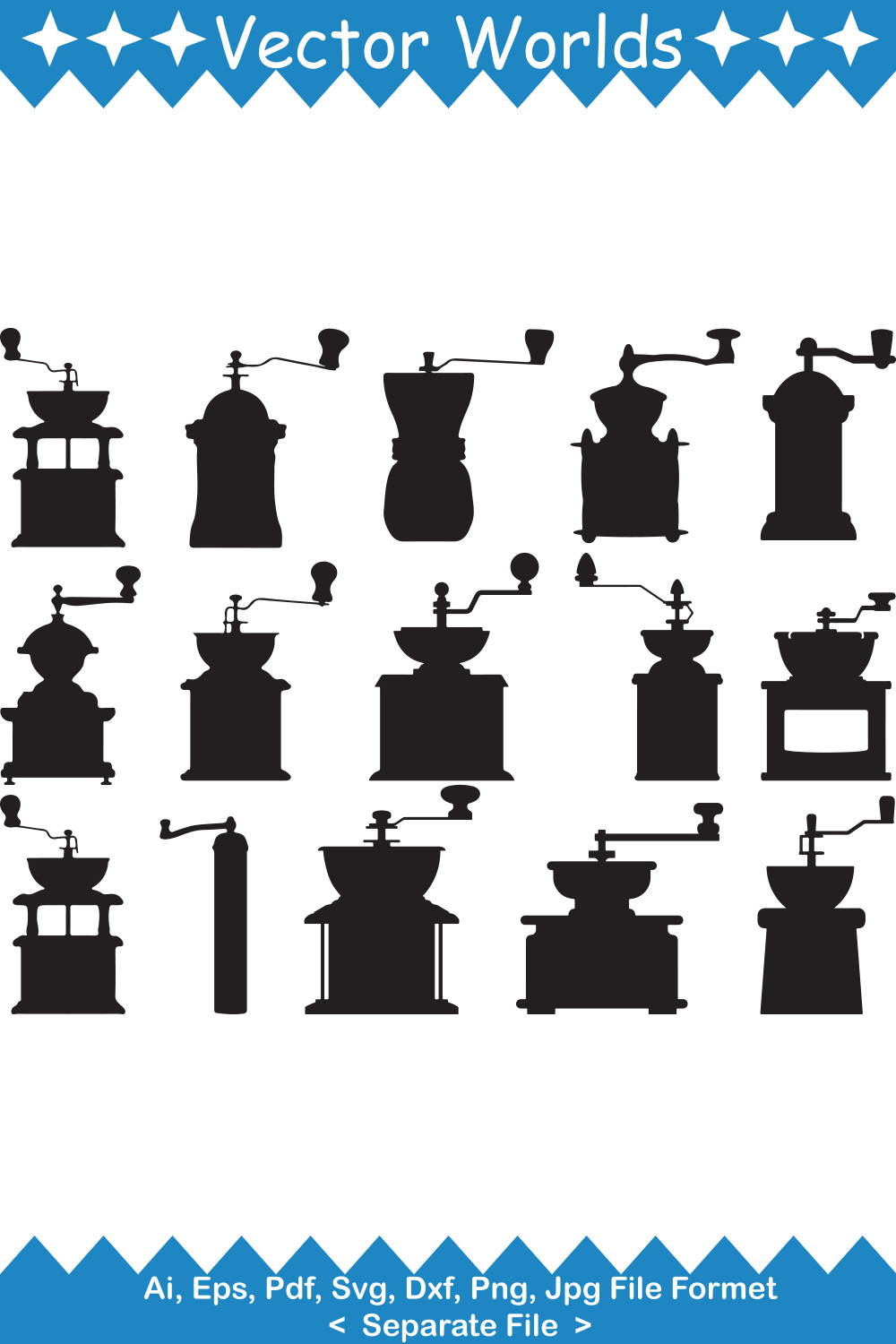 Set of beautiful vector images of silhouettes of coffee grinders