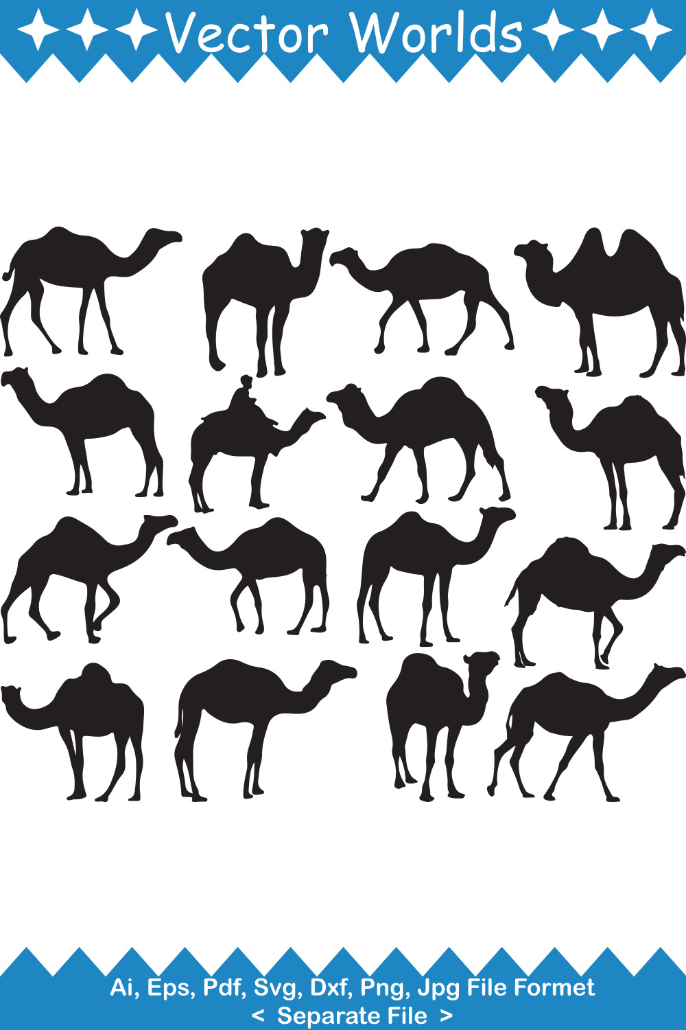 Set of silhouettes of camels in different poses.