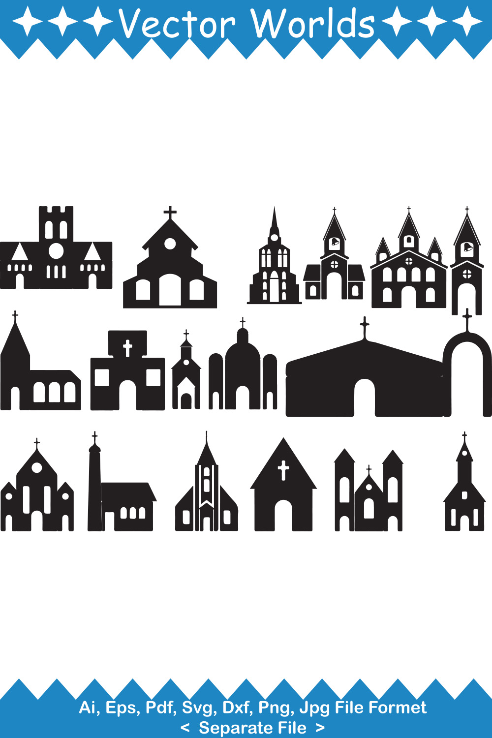 A selection of unique vector images of the silhouette of a Christian church.