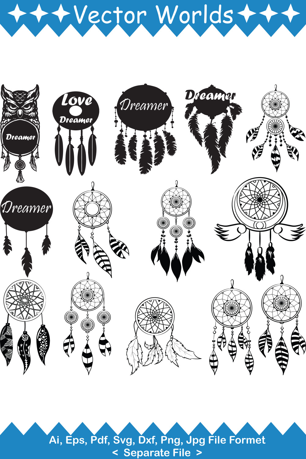 A set of beautiful images of Dream Catcher silhouettes