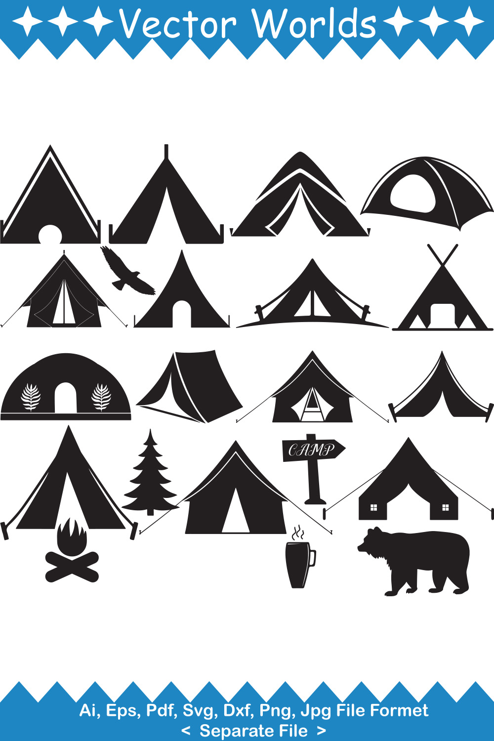 Collection of beautiful vector images of tent silhouettes.