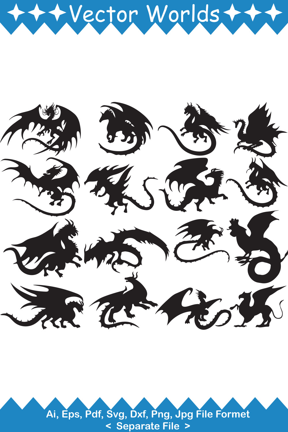 Set of black and white dragon silhouettes.