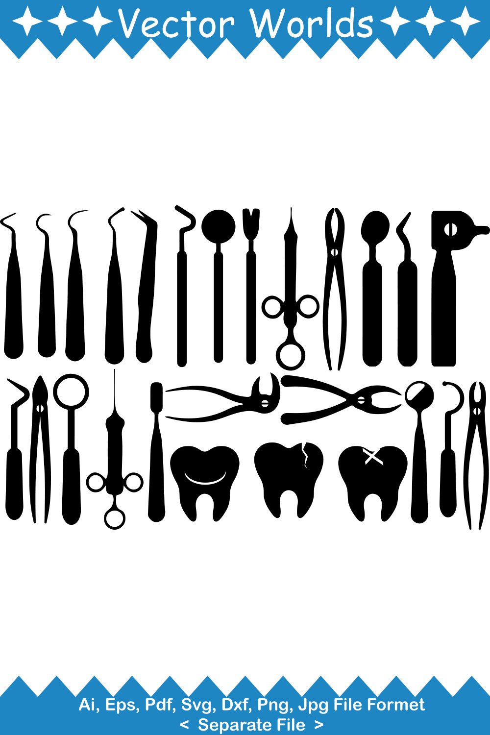 A selection of unique images of silhouettes of dentist tools