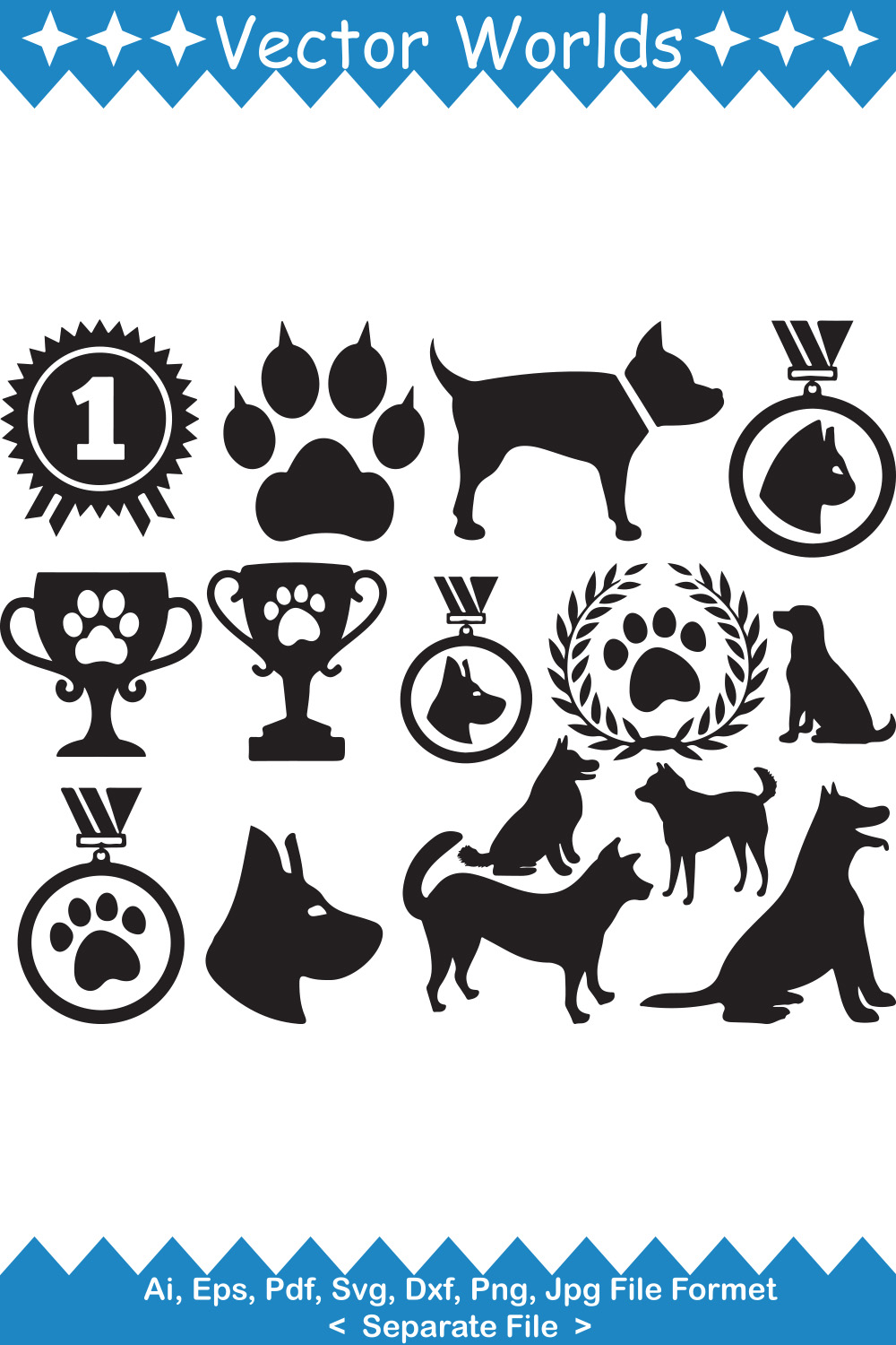 Set of dogs and trophies silhouettes.