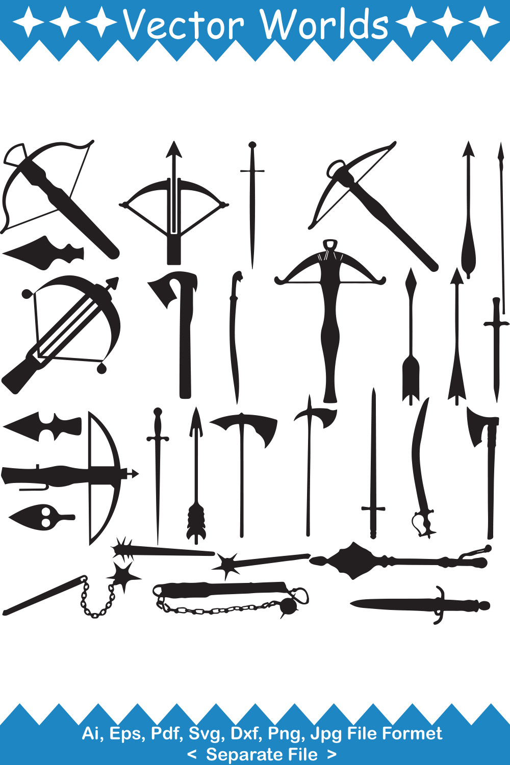 A set of unique images of silhouettes of old edged weapons