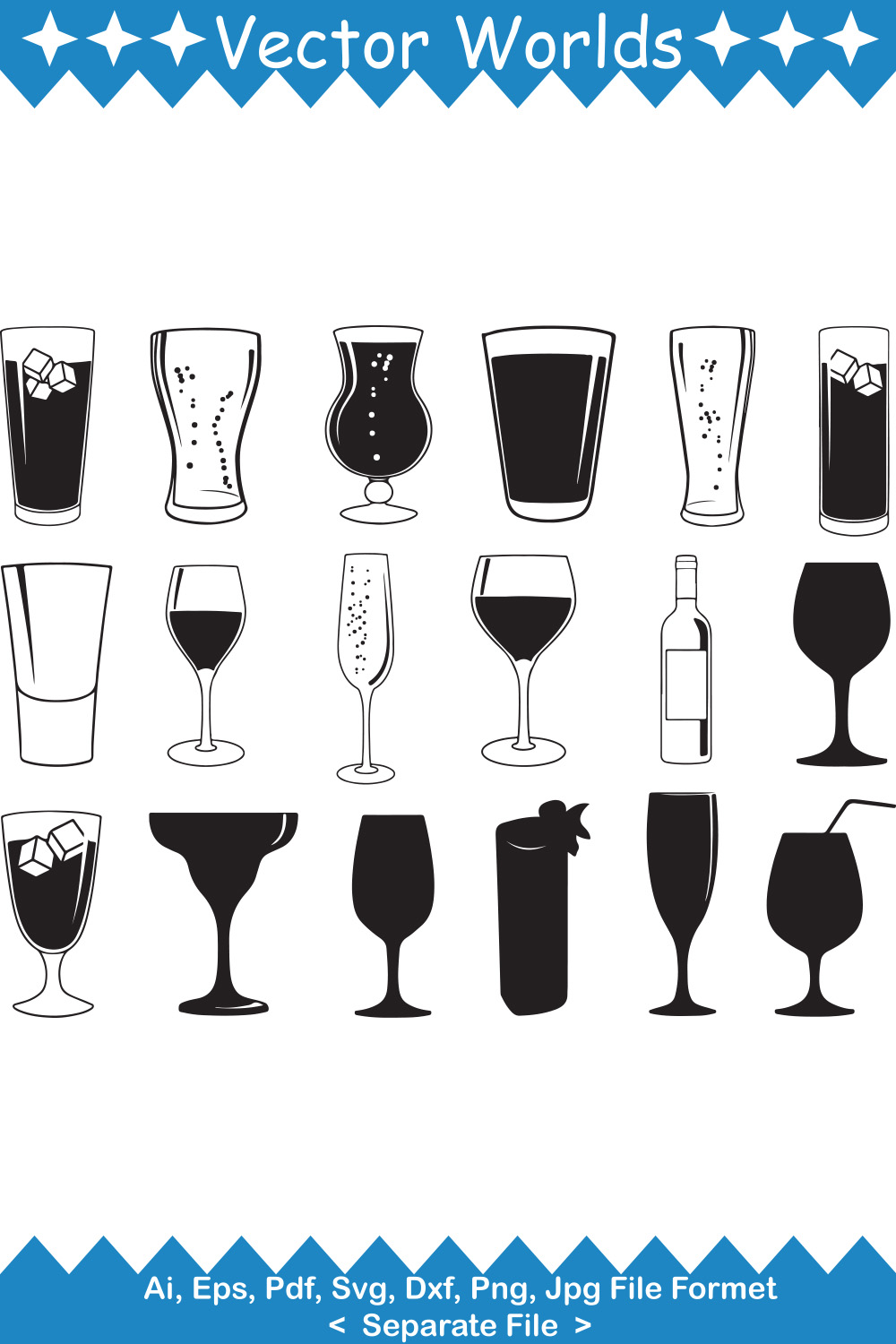 Pack of wonderful images of silhouettes of glasses for drinks