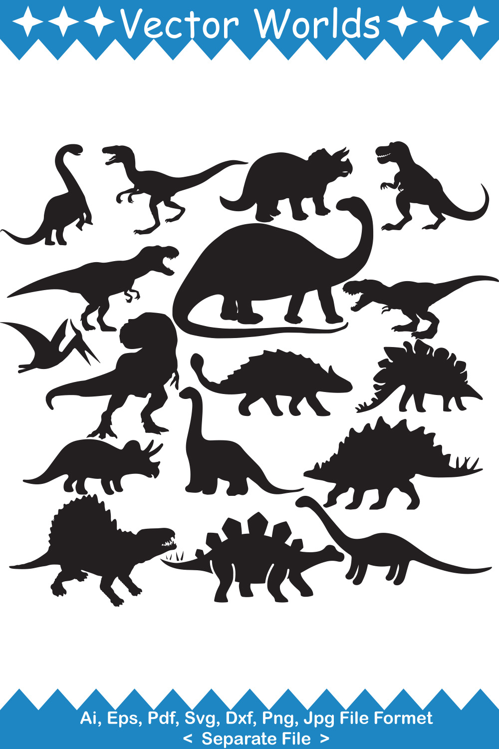 Set of silhouettes of different dinosaurs.