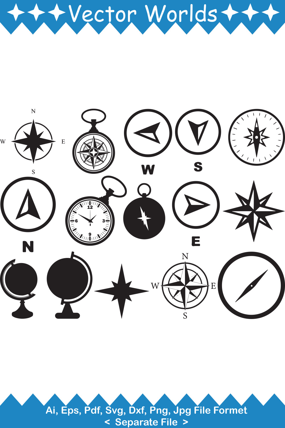 Set of marvelous vector images of compass silhouettes