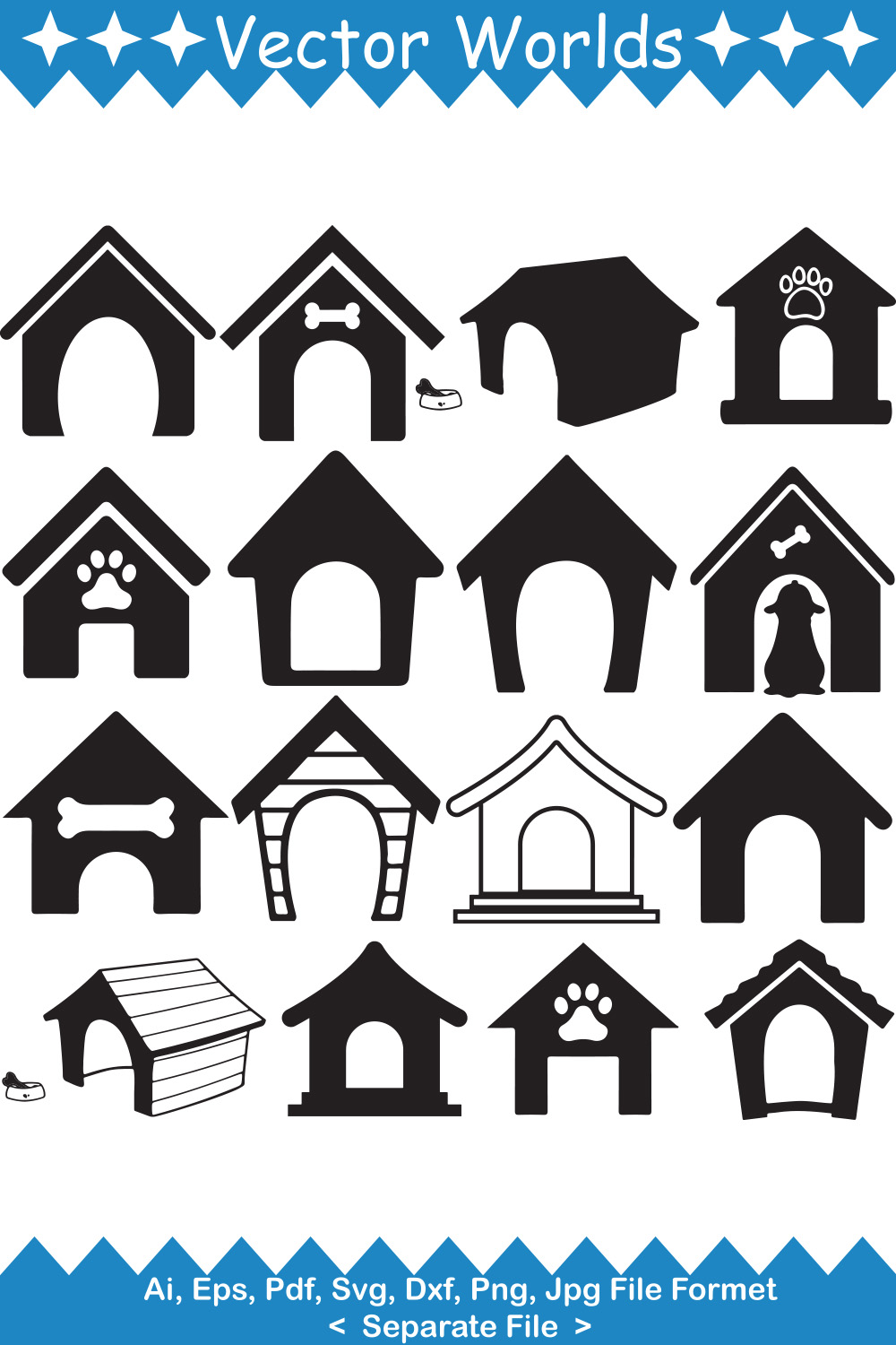 Set of black and white dog houses.