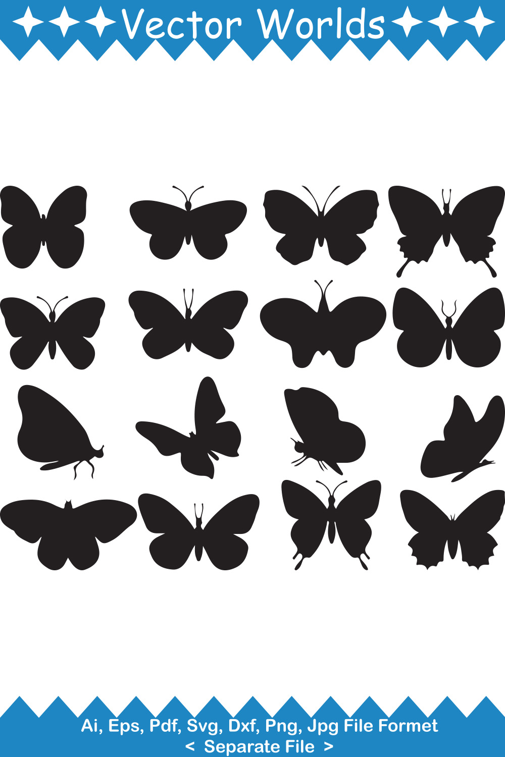 Set of butterflies silhouettes on a white background.