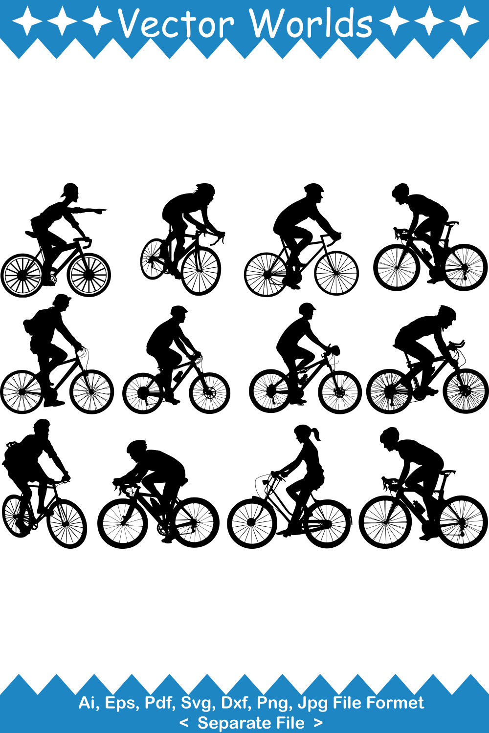 Set of unique images of cyclists silhouettes