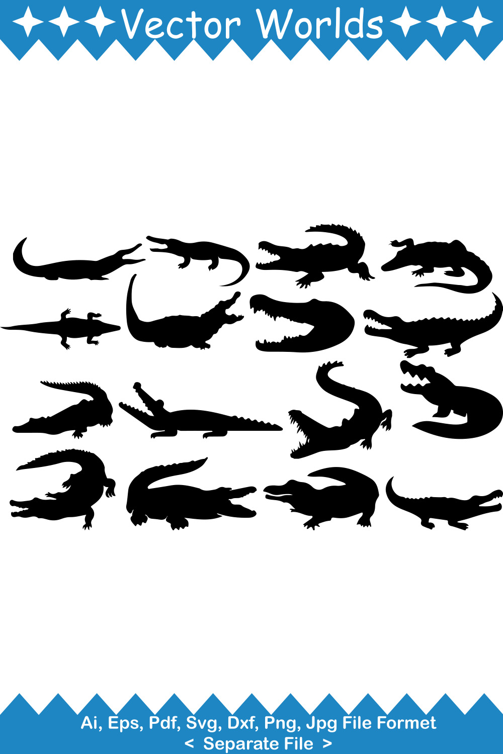 Set of alligators silhouettes with stars in the background.