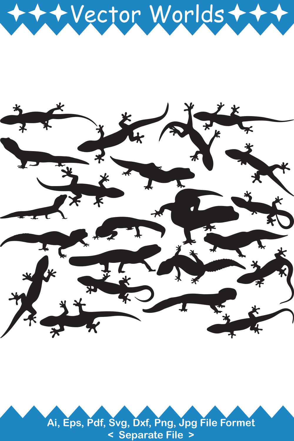 Set of lizards silhouettes on a white background.