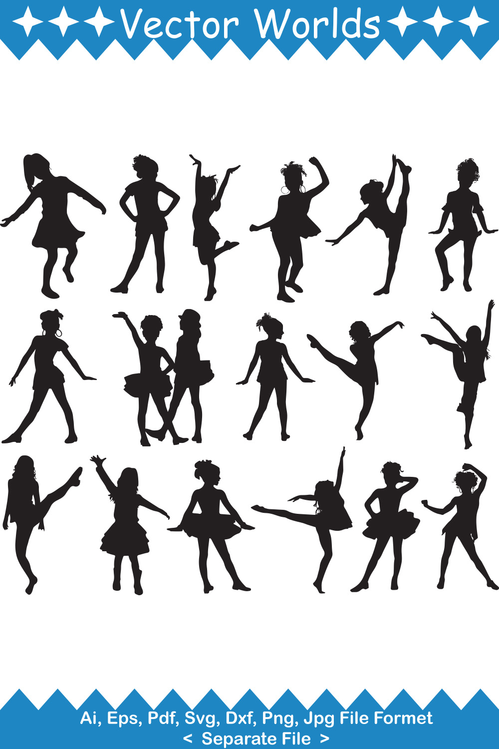 A set of adorable vector images of a silhouette of a dancing child.