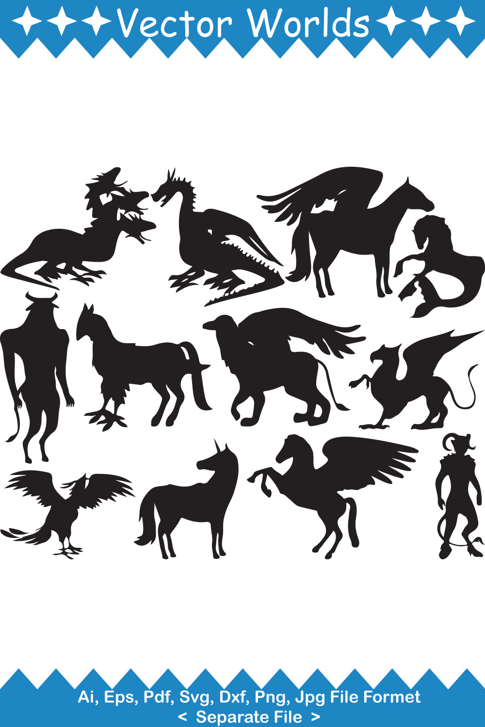 Set of beautiful images of unicorn dragon silhouettes