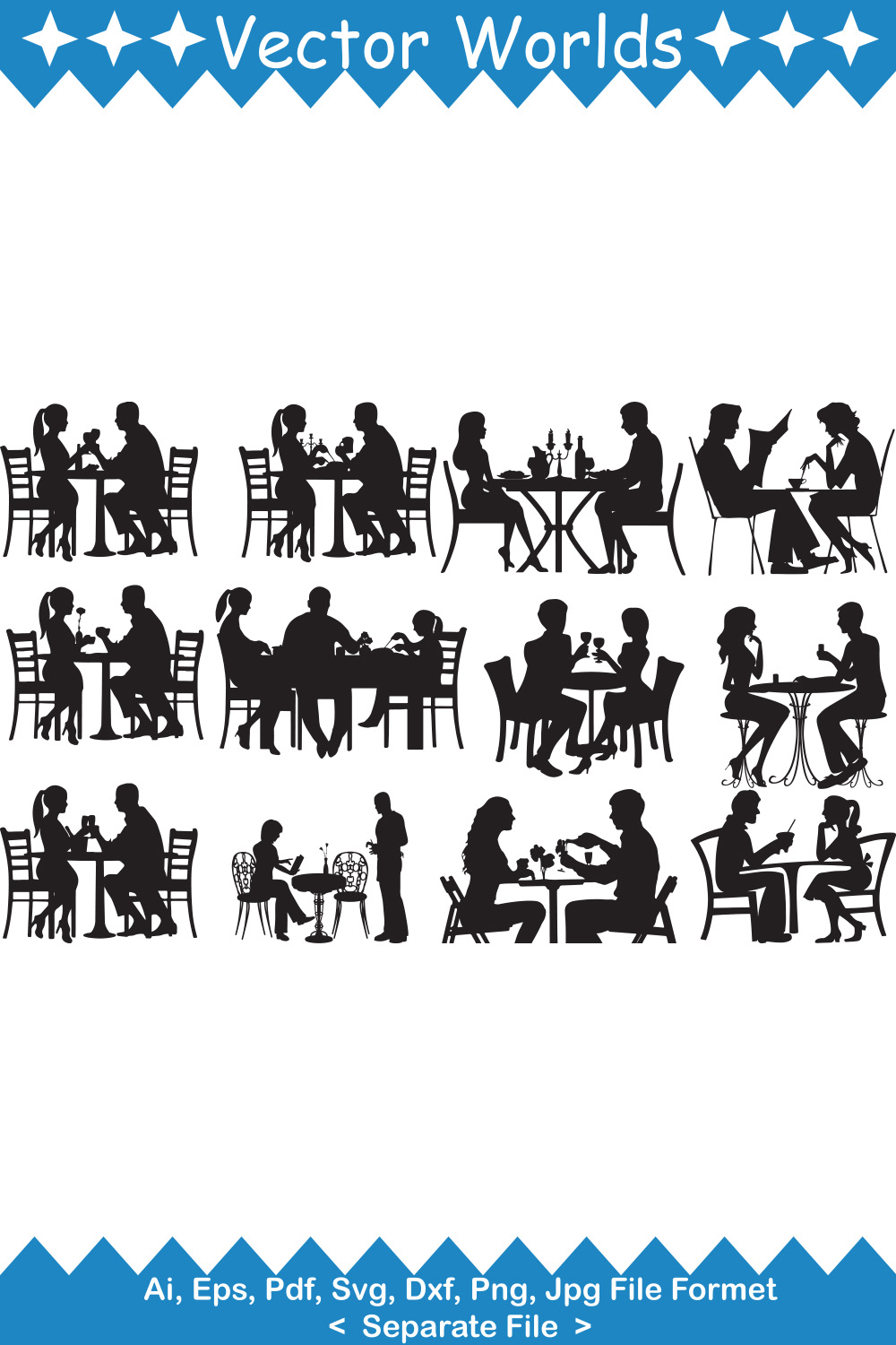 A set of wonderful vector images of silhouettes of a couple at a table in a restaurant