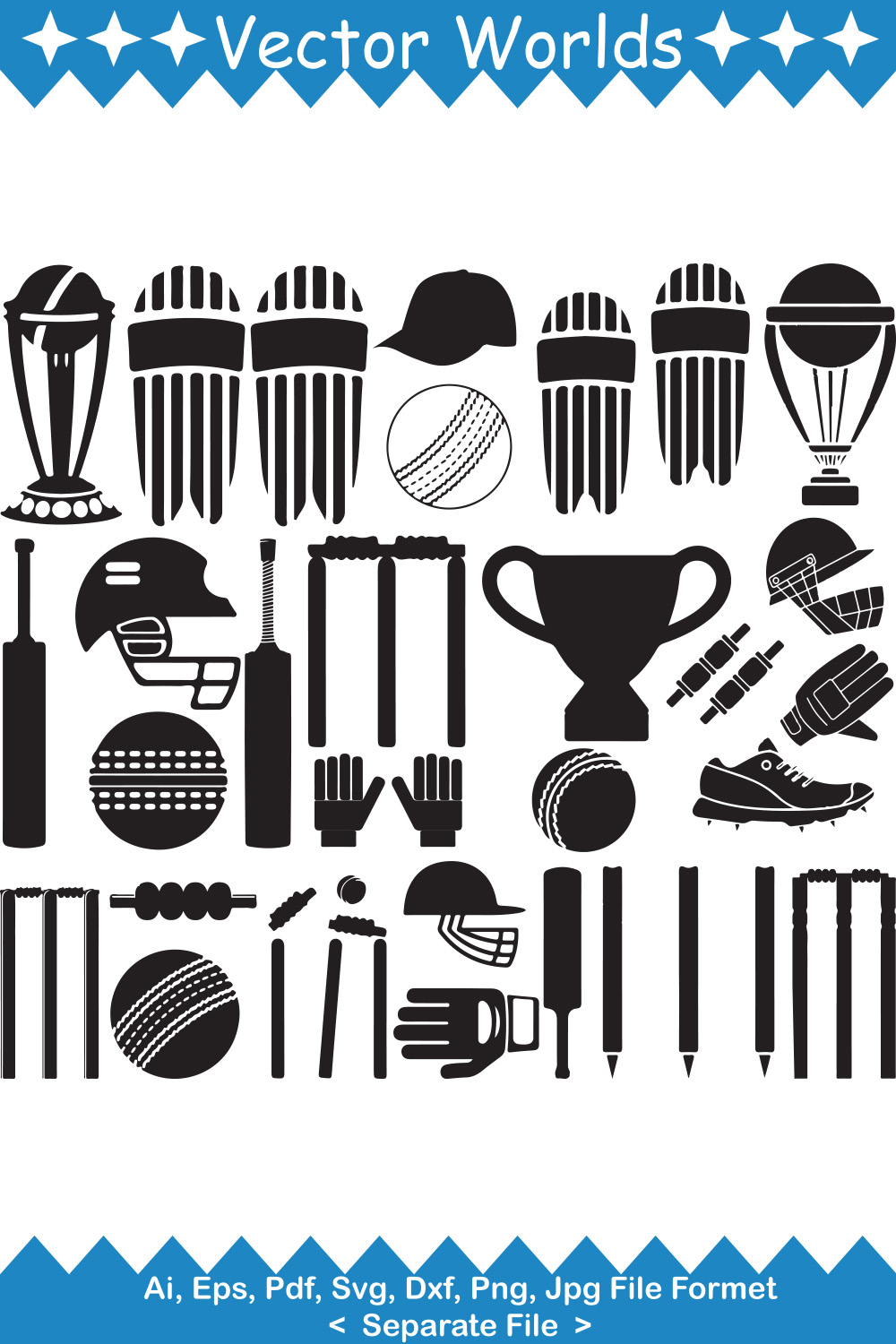 Collection of enchanting vector image silhouettes of equipment for cricket