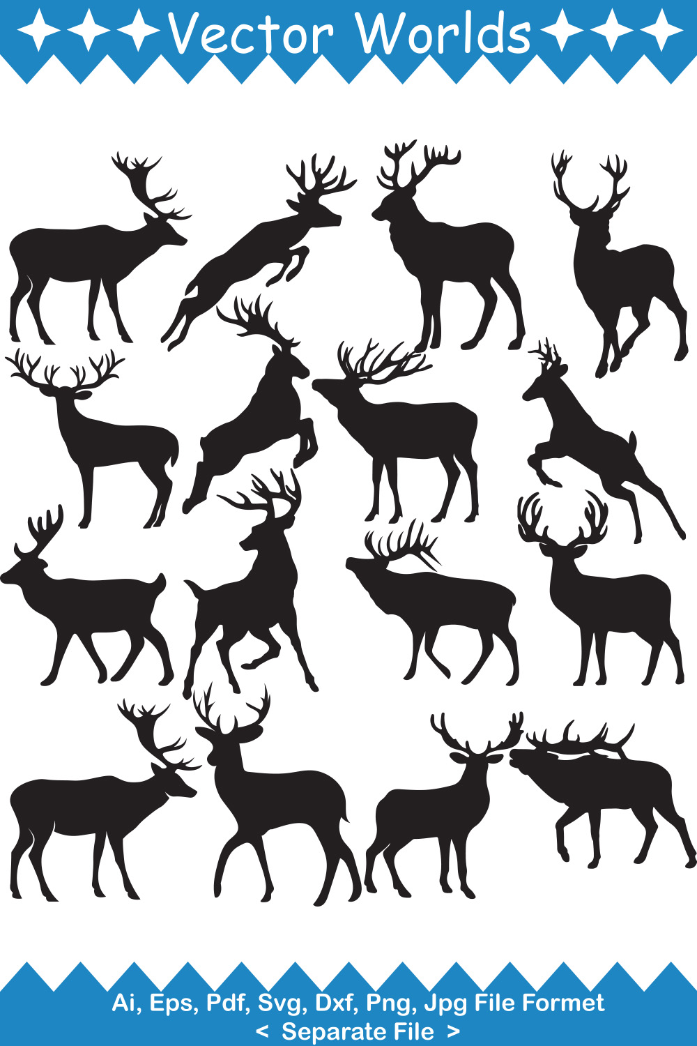 Set of silhouettes of deer and elk.