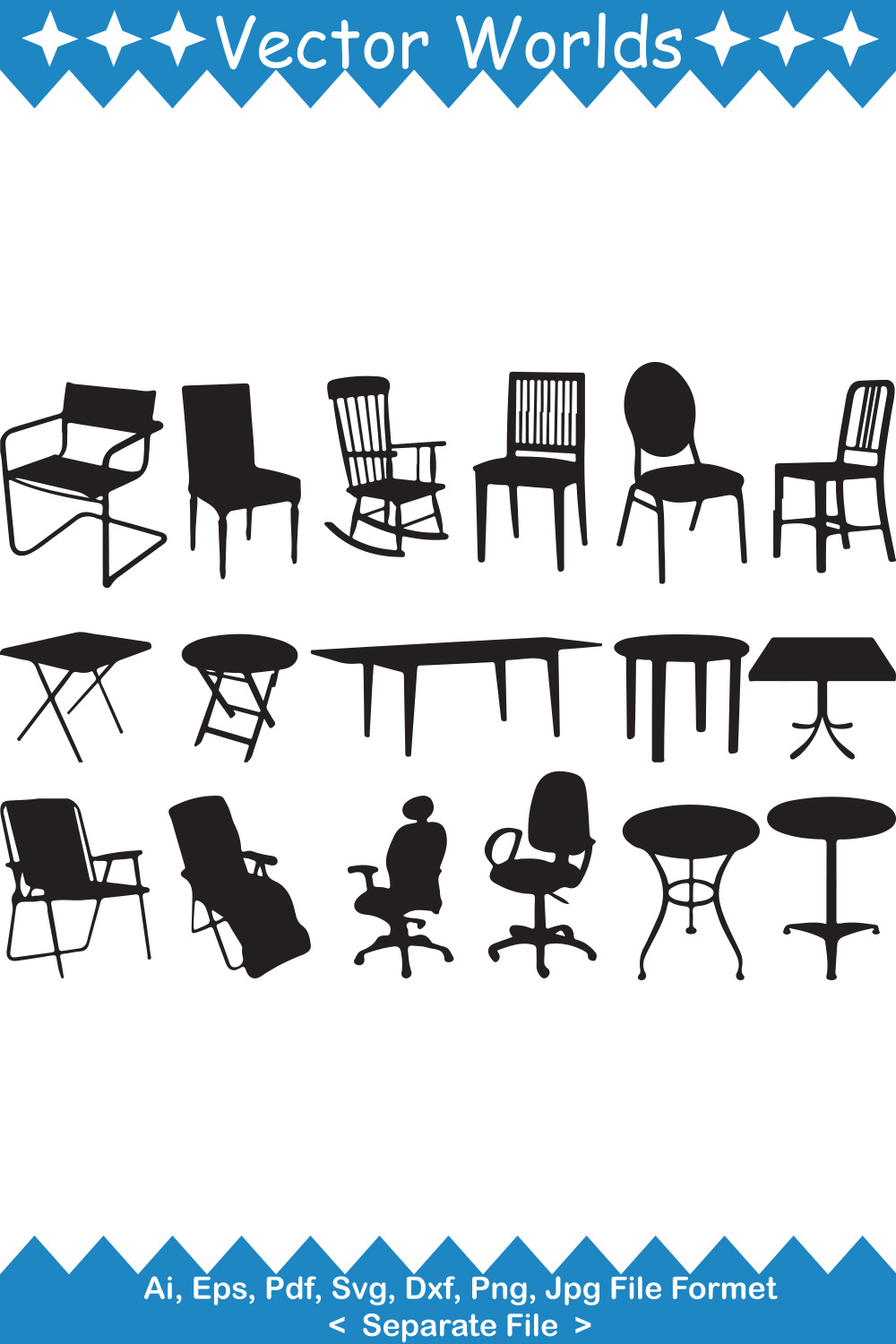Collection of beautiful vector images of tables and chairs.