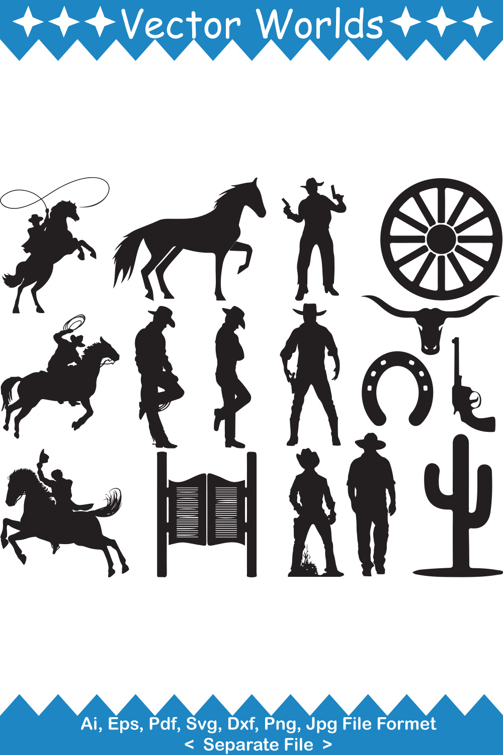 Collection of enchanting vector image of silhouettes of cowboys