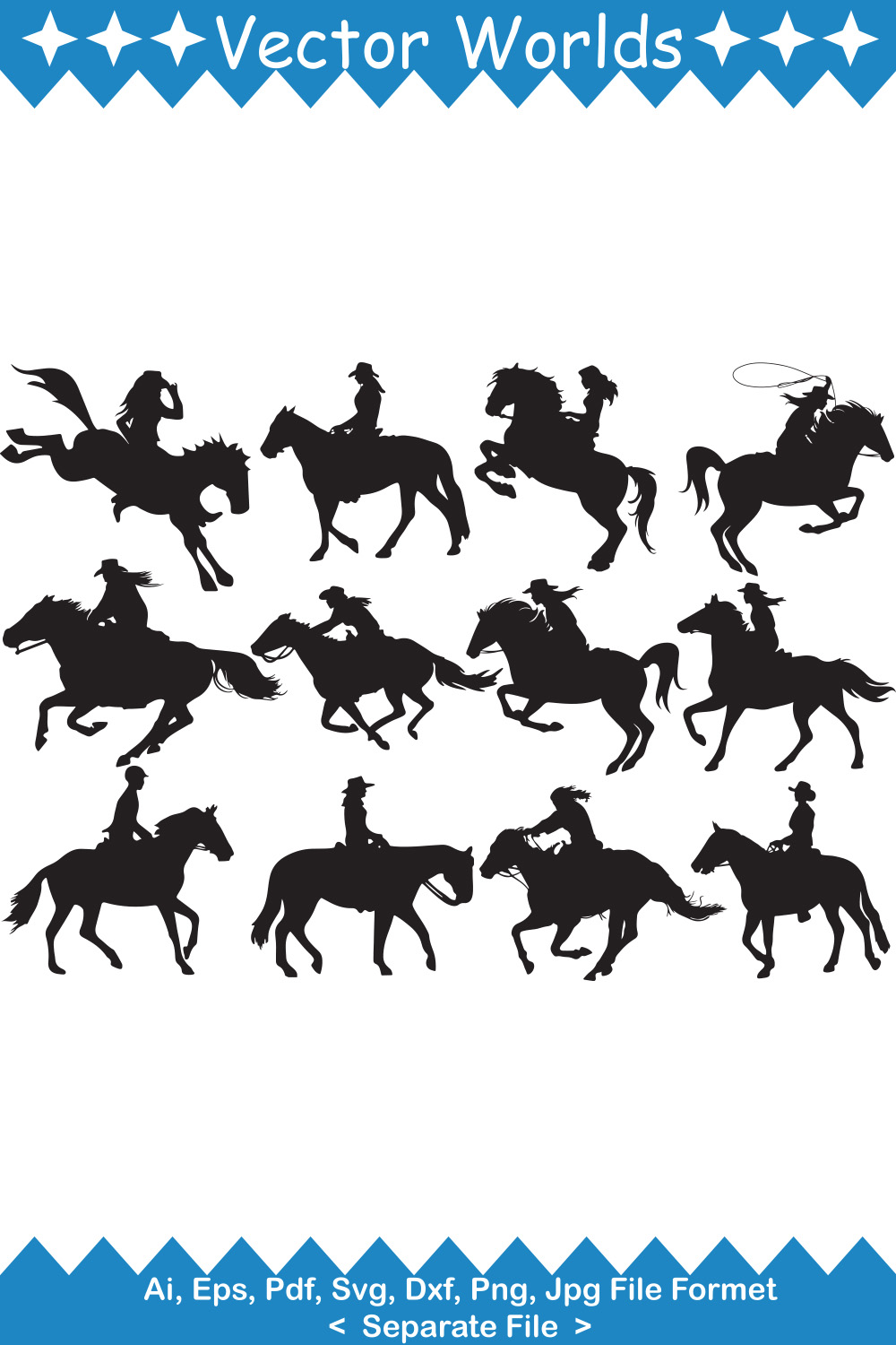 Set of amazing vector images of silhouettes of a cowgirl on a horse