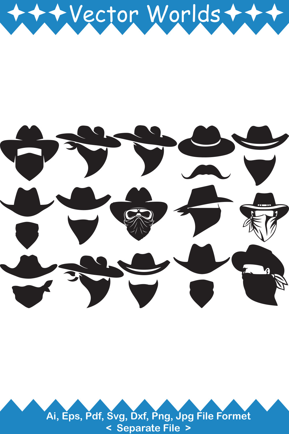 Collection of enchanting vector image of silhouettes of cowboys bandits