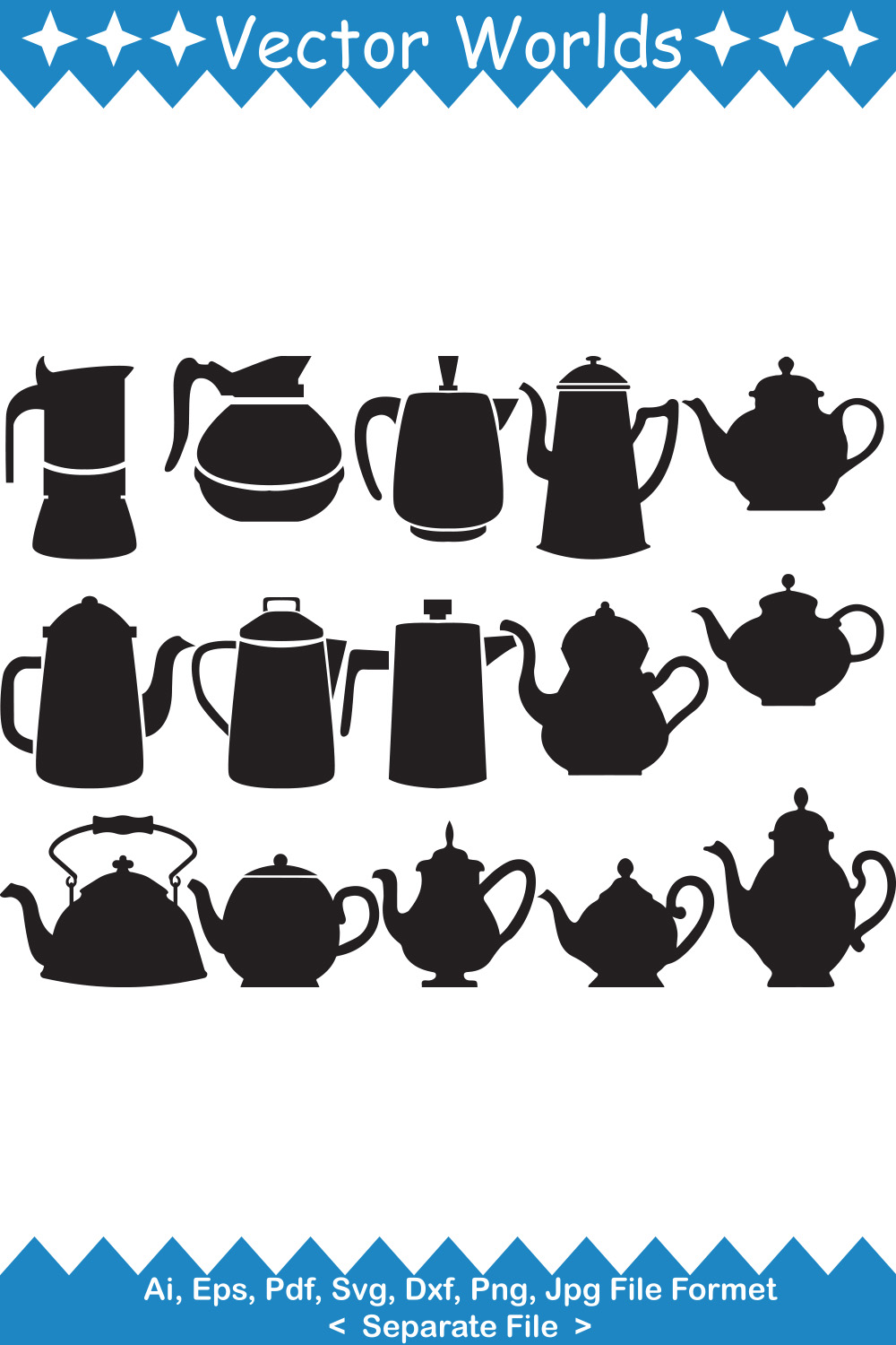 Set of wonderful vector images of coffee pots silhouettes