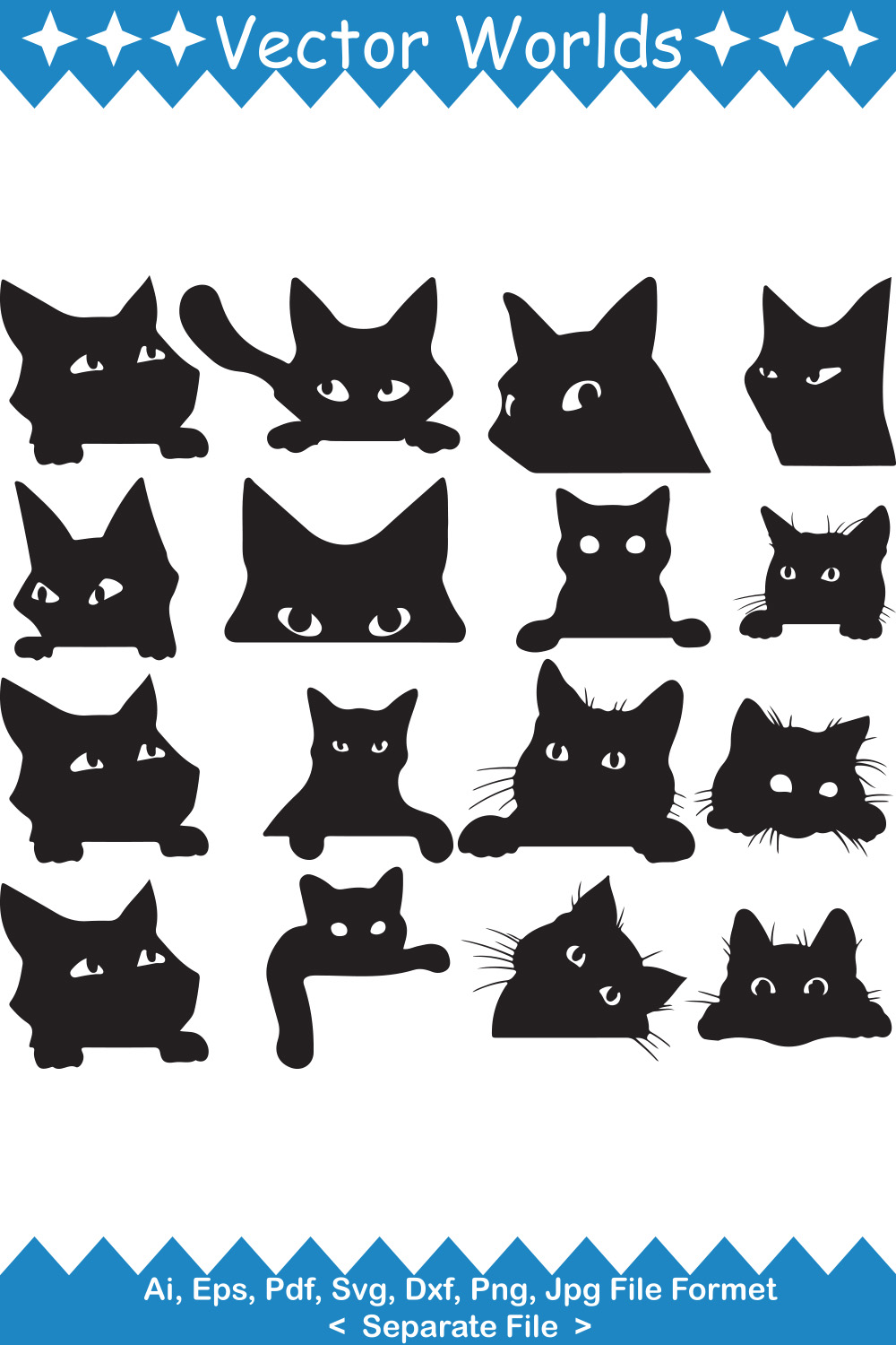 Set of black cats with different expressions.