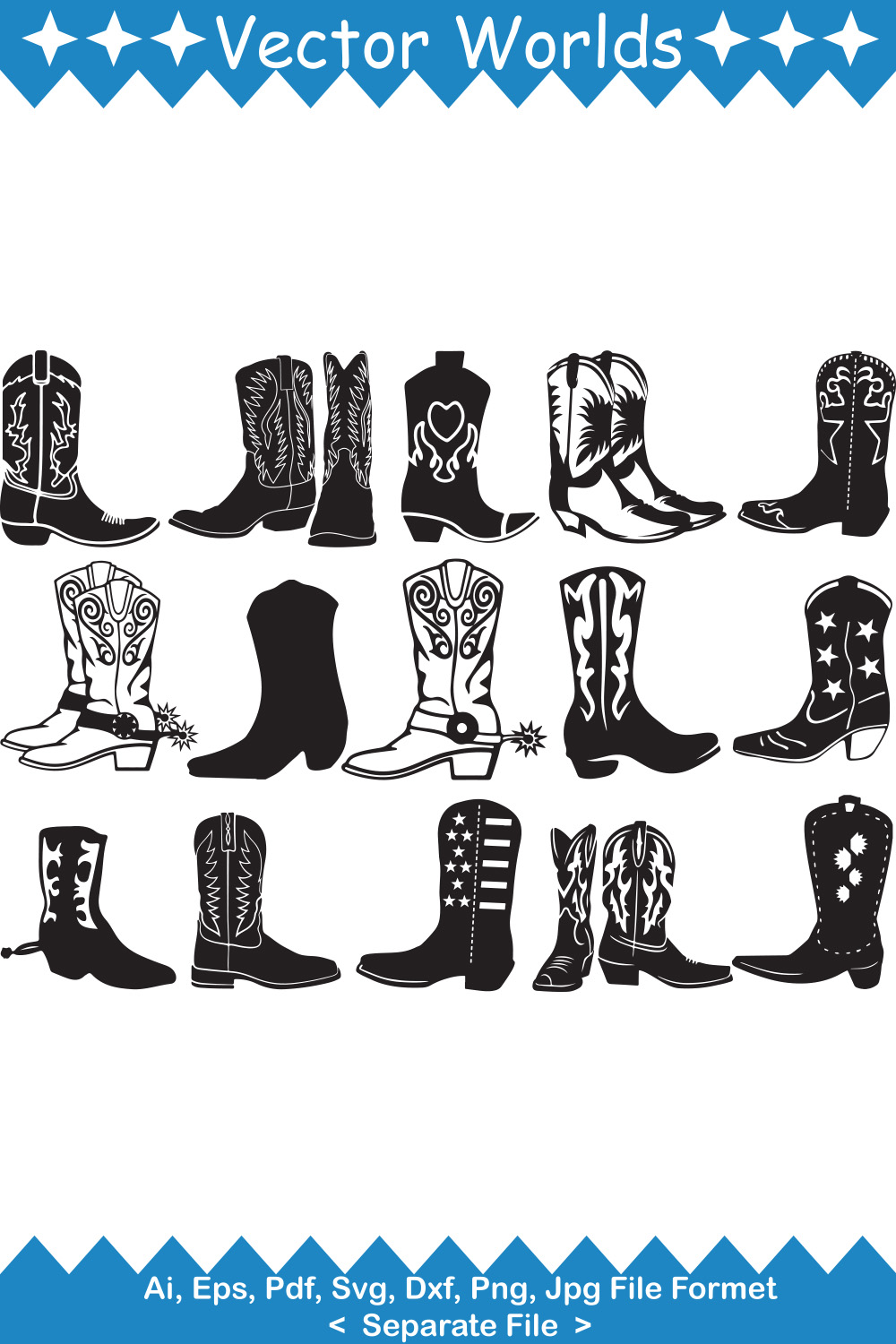 Collection of enchanting vector images of silhouettes of cowboy boots