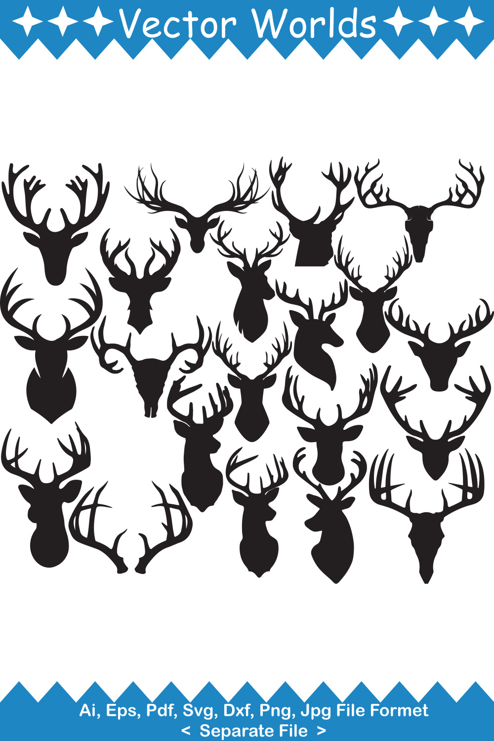 Set of deer head silhouettes on a white background.