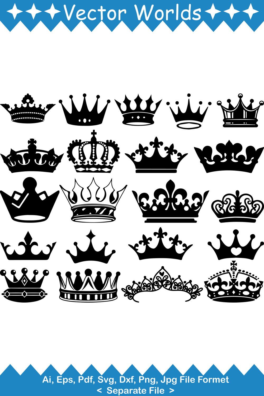 Set of unique images of silhouettes of crowns