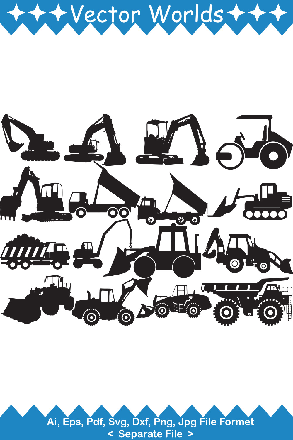 Set of wonderful vector images of silhouettes of construction machines