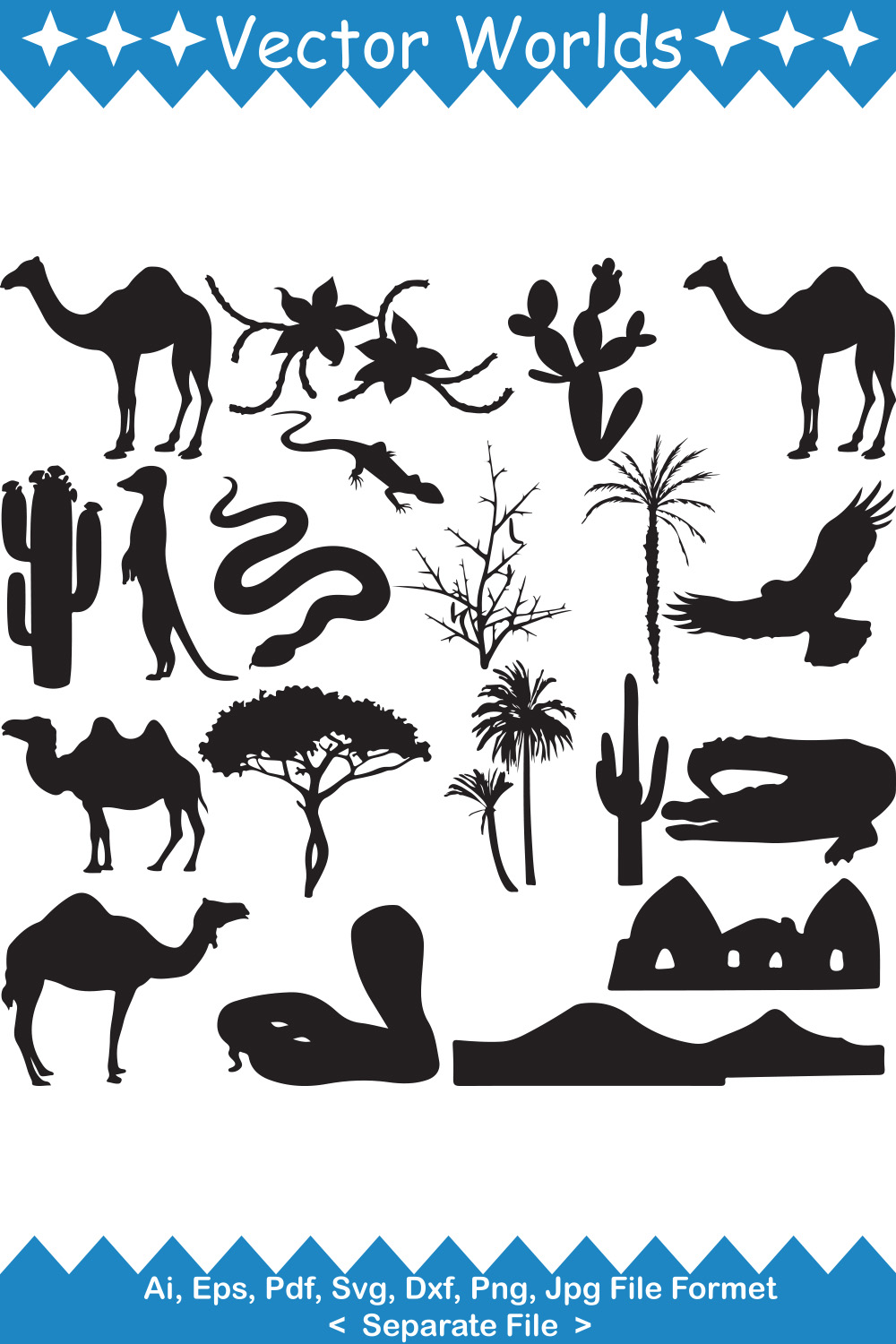 Set of silhouettes of animals and plants.