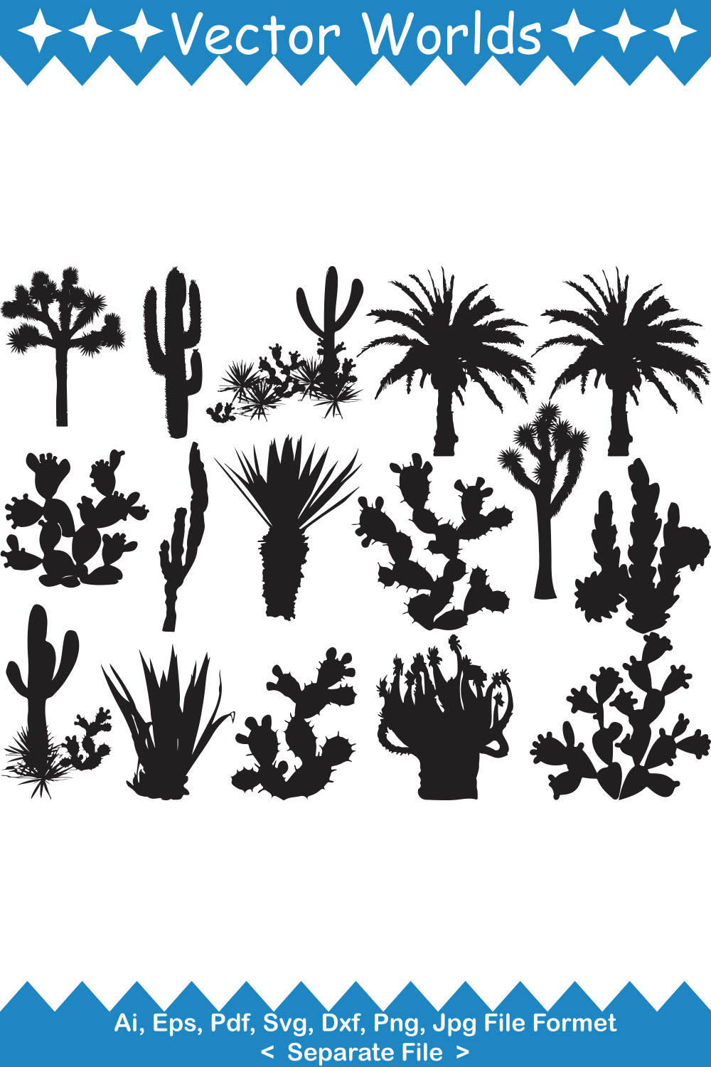 Collection of beautiful vector images of cactus tree silhouettes.
