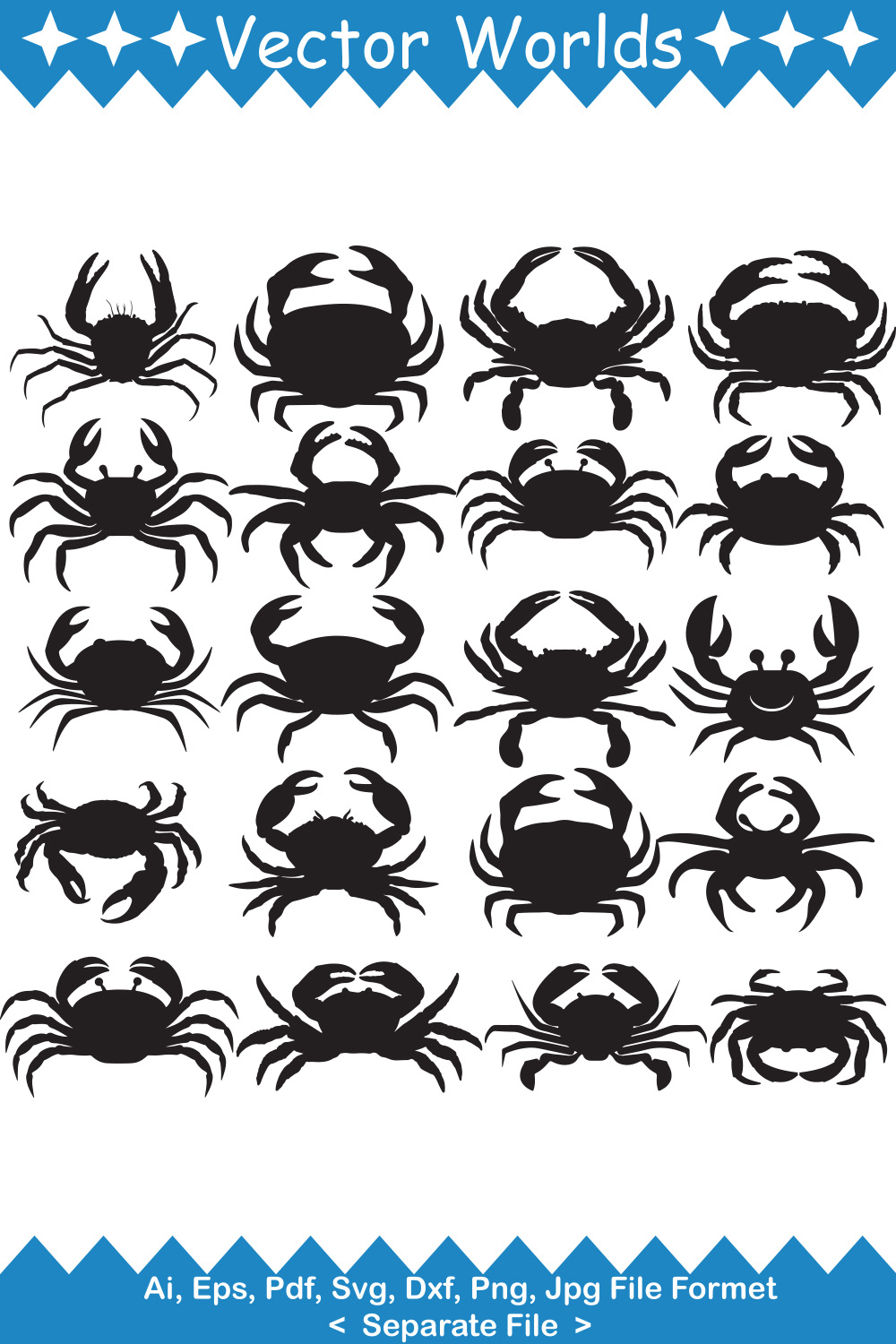 Set of black and white crabs silhouettes.