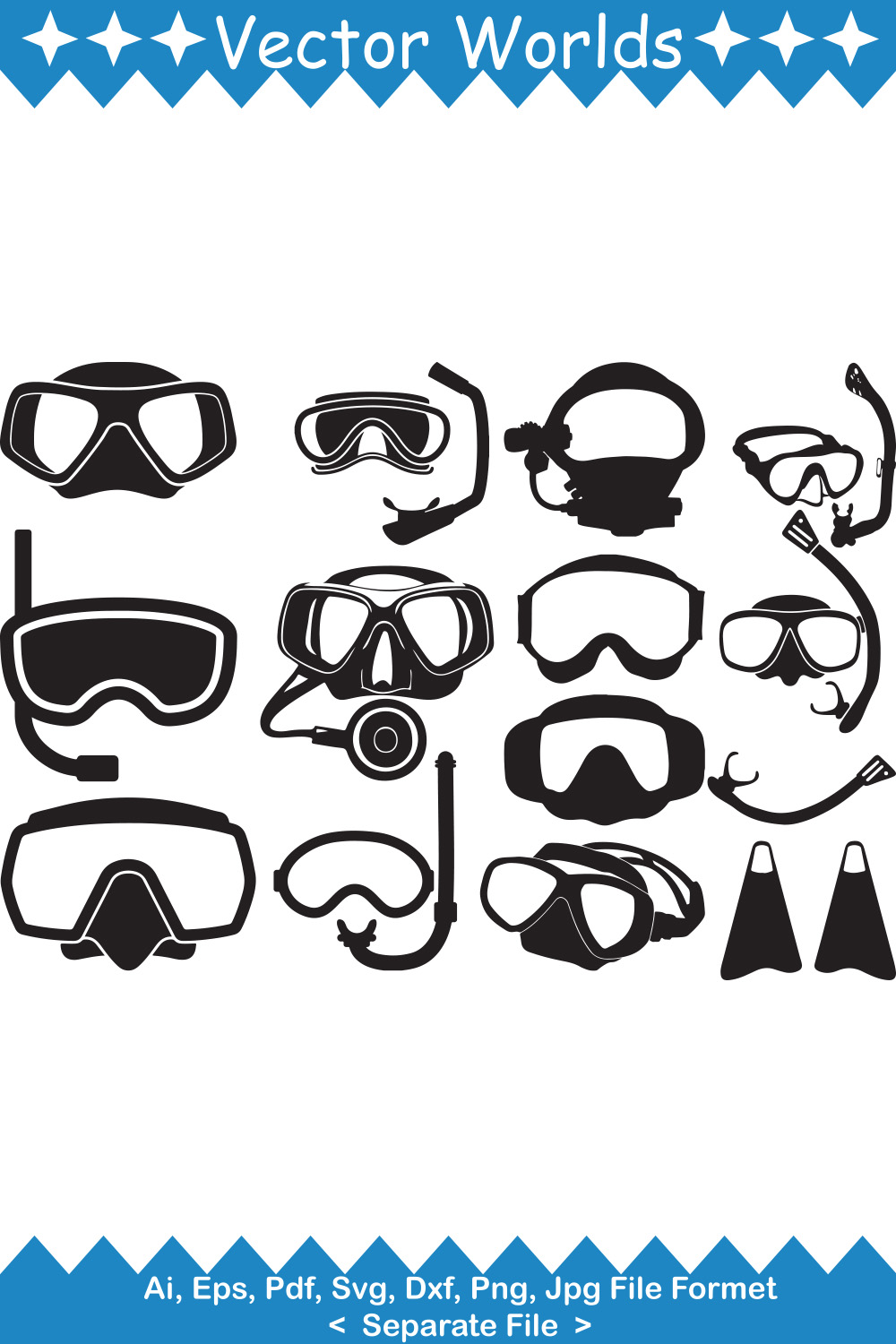 Set of unique images of silhouettes of diving goggles